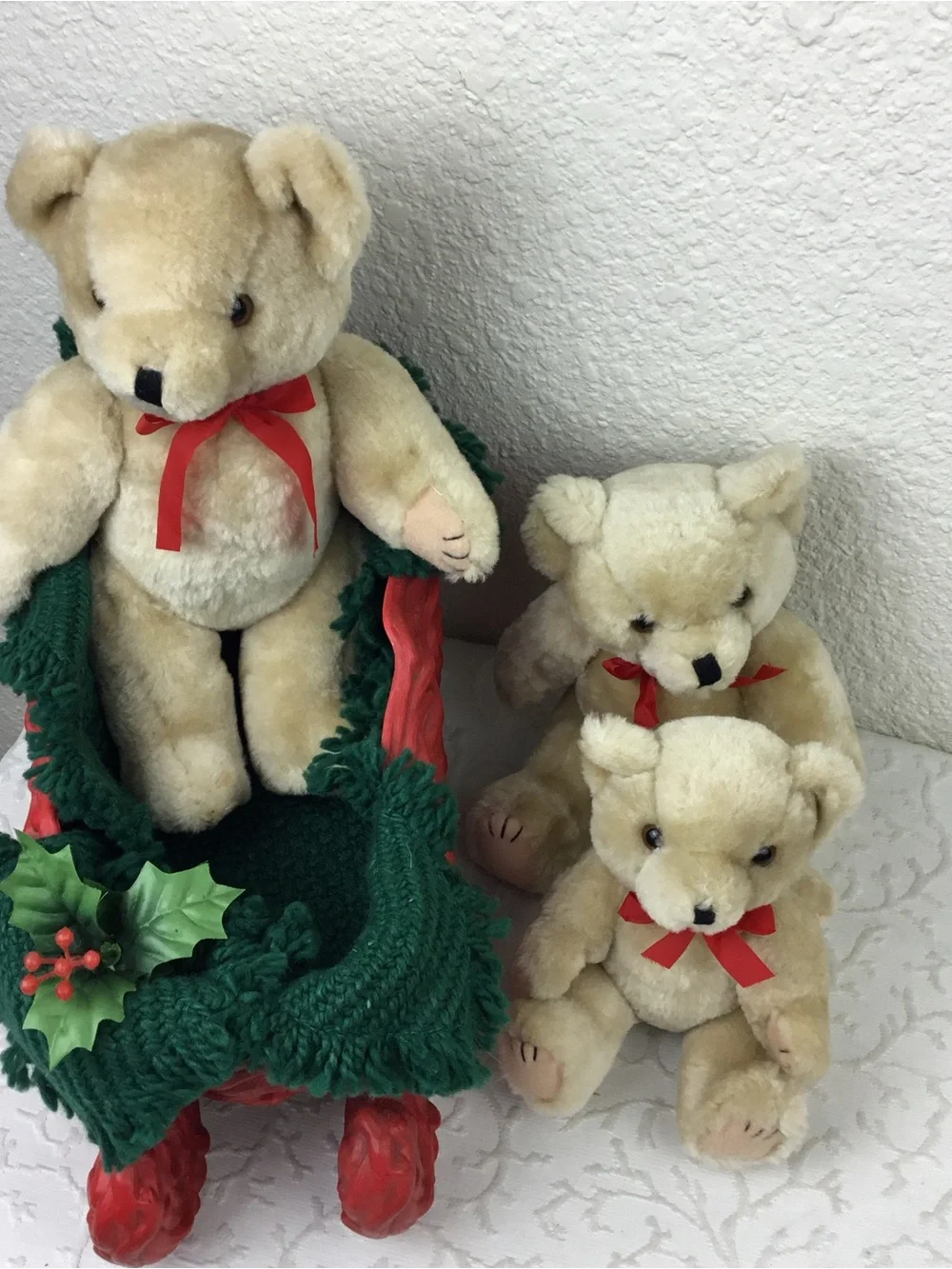 Plush Teddy Trio in Cream with Red Ribbons - Holiday Decorative Set